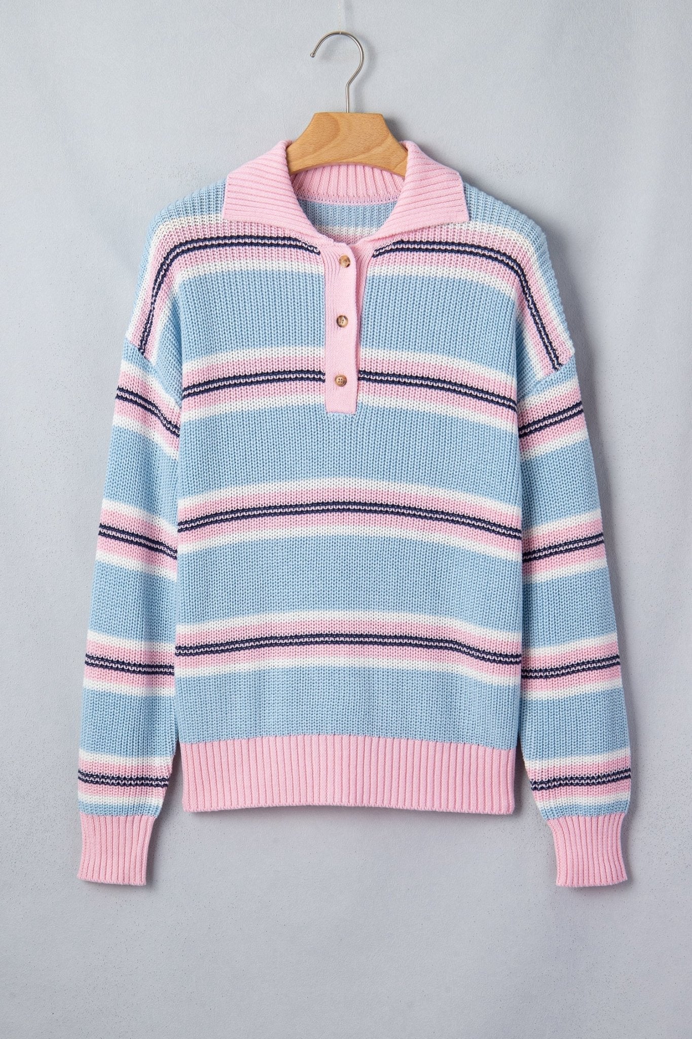 Stripe Ribbed Trim Buttoned Collar Long Sleeve Sweater - Rooted & Reckless Co.