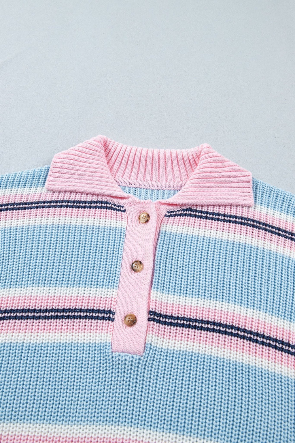 Stripe Ribbed Trim Buttoned Collar Long Sleeve Sweater - Rooted & Reckless Co.