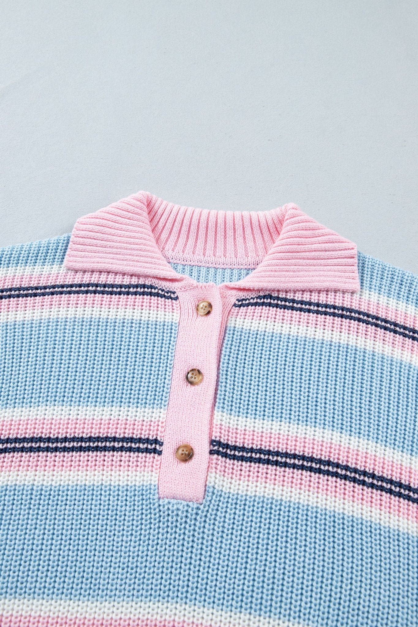 Stripe Ribbed Trim Buttoned Collar Long Sleeve Sweater - Rooted & Reckless Co.