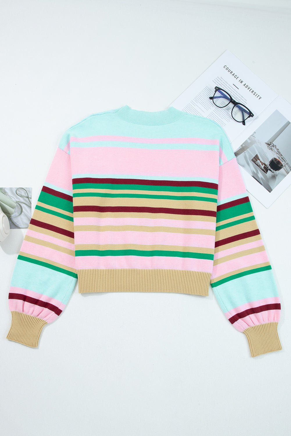 Stripe Ribbed Trim Crewneck Cropped Sweater - Rooted & Reckless Co.