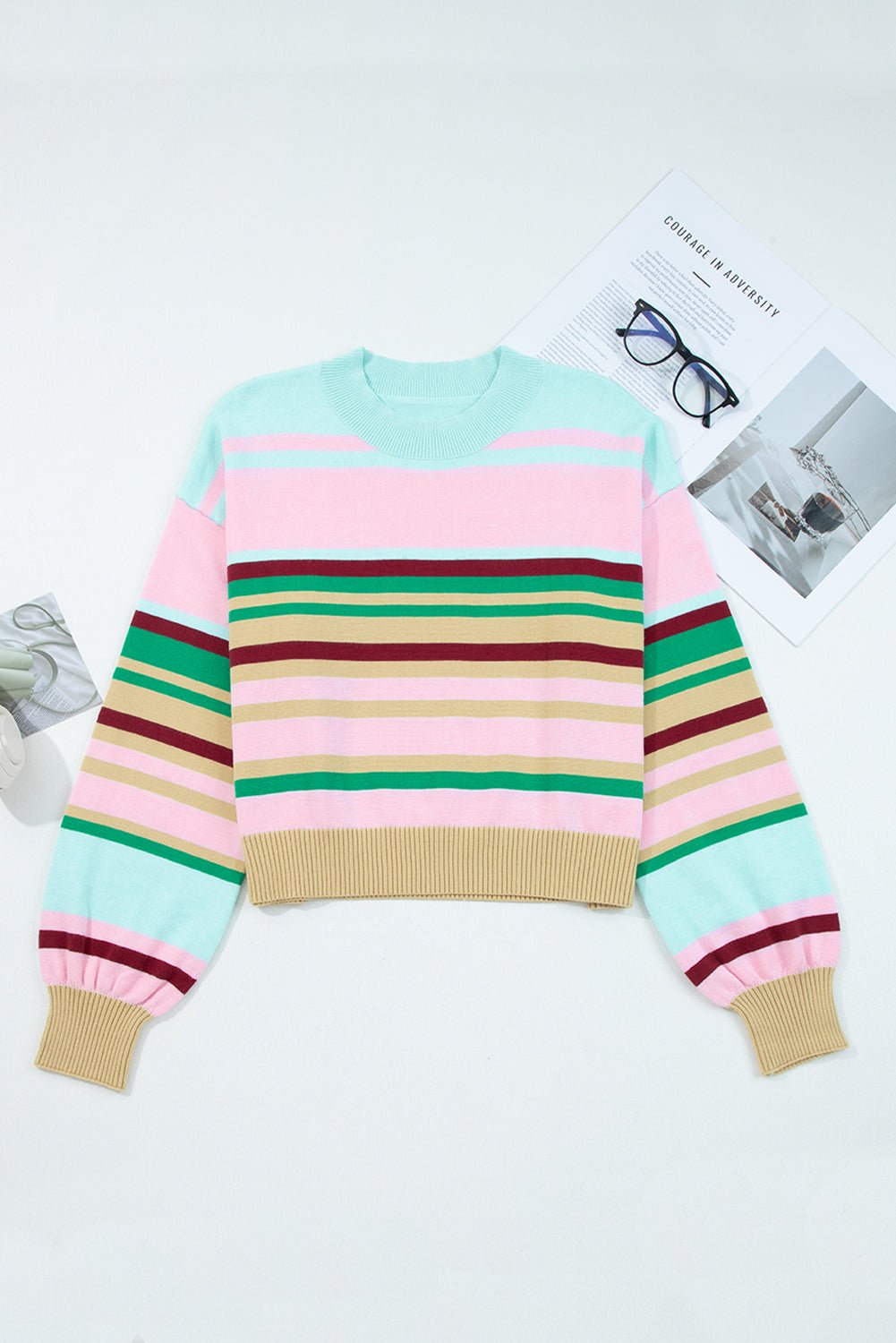 Stripe Ribbed Trim Crewneck Cropped Sweater - Rooted & Reckless Co.