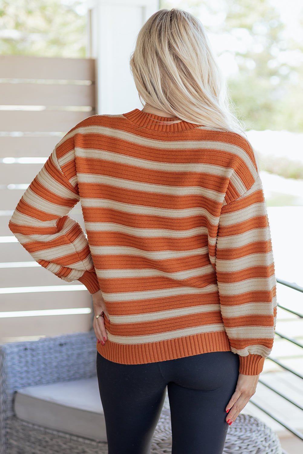 Stripe Ribbed Trim Drop Shoulder Sweater - Rooted & Reckless Co.