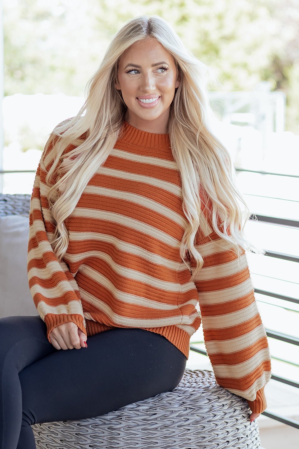 Stripe Ribbed Trim Drop Shoulder Sweater - Rooted & Reckless Co.