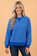 Stripe Ribbed Trim Long Sleeve Pullover Top - Rooted & Reckless Co.