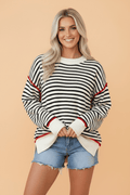 Stripe Ribbed Trim Reverse Seam Drop Shoulder Sweater - Rooted & Reckless Co.