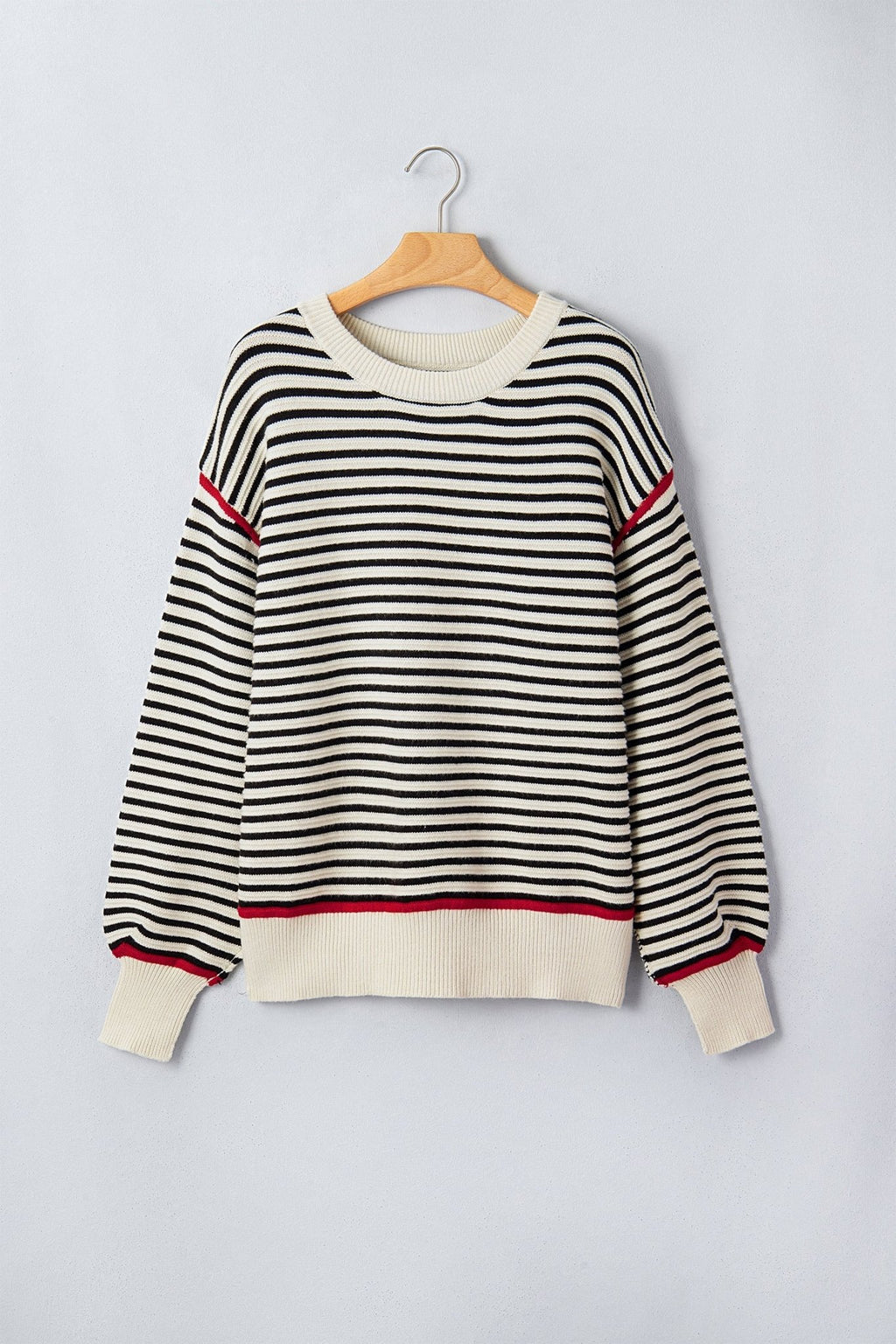 Stripe Ribbed Trim Reverse Seam Drop Shoulder Sweater - Rooted & Reckless Co.