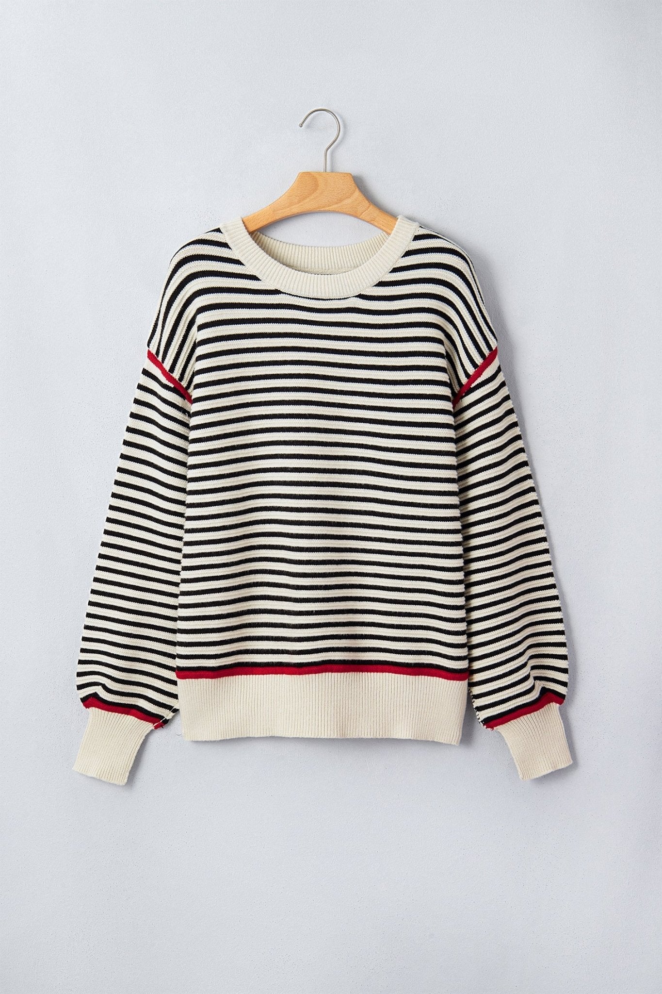 Stripe Ribbed Trim Reverse Seam Drop Shoulder Sweater - Rooted & Reckless Co.