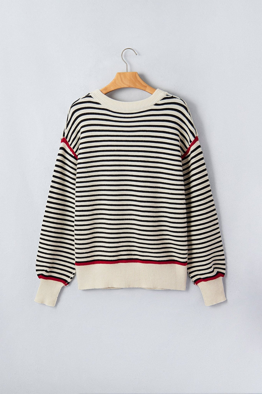 Stripe Ribbed Trim Reverse Seam Drop Shoulder Sweater - Rooted & Reckless Co.