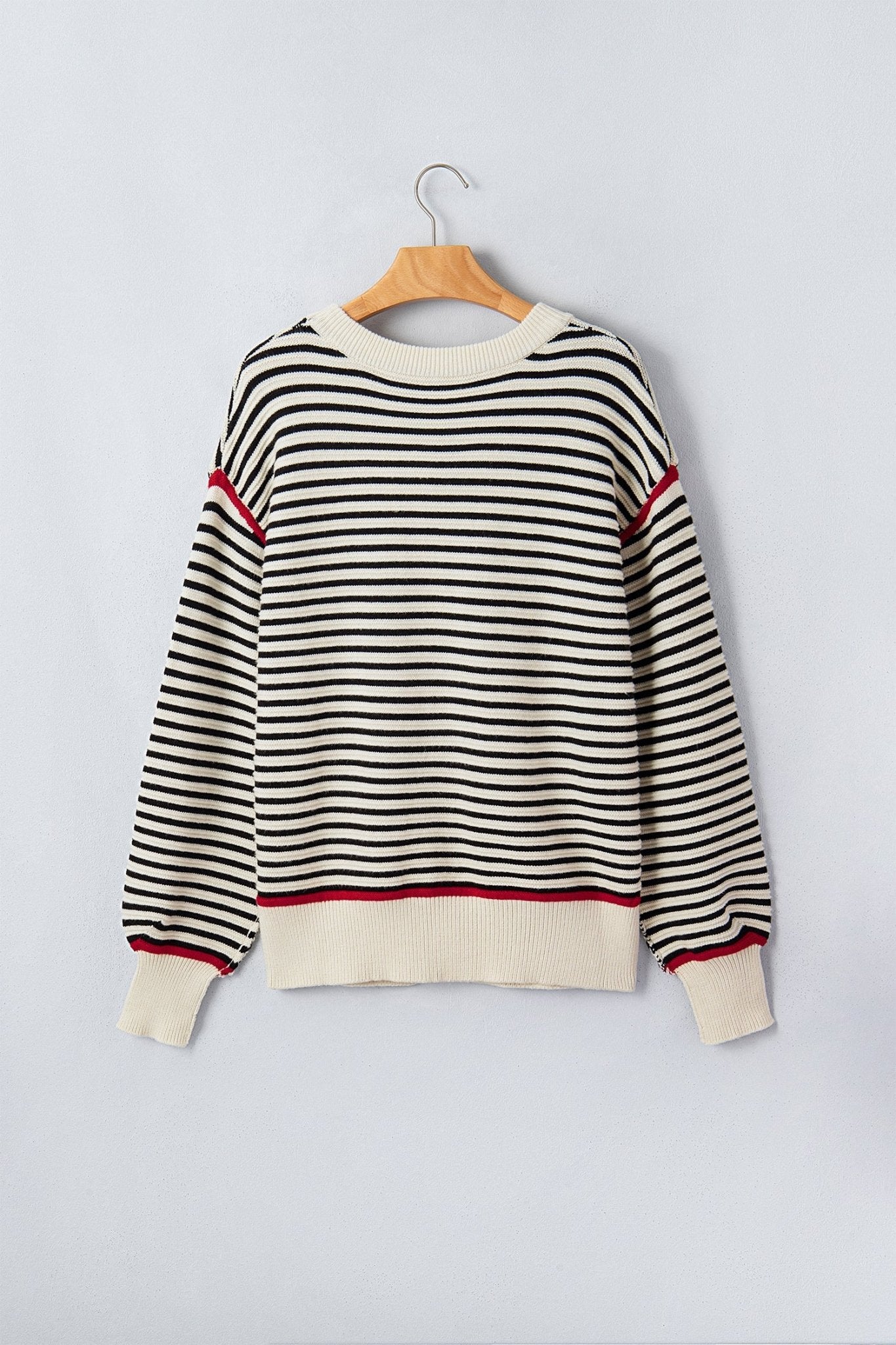 Stripe Ribbed Trim Reverse Seam Drop Shoulder Sweater - Rooted & Reckless Co.