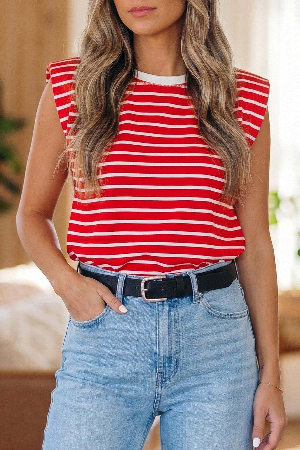 Stripe Ribbed Trim Round Neck Tank Top - Rooted & Reckless Co.
