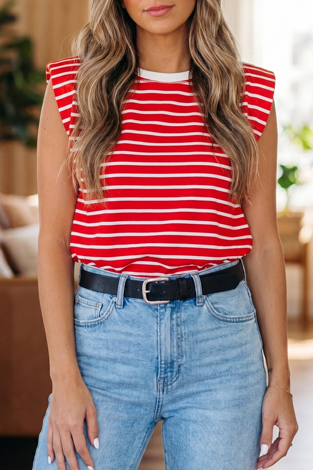 Stripe Ribbed Trim Round Neck Tank Top - Rooted & Reckless Co.