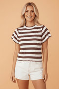 Stripe Ribbed Trim Short Sleeve Cable Knit Top - Rooted & Reckless Co.