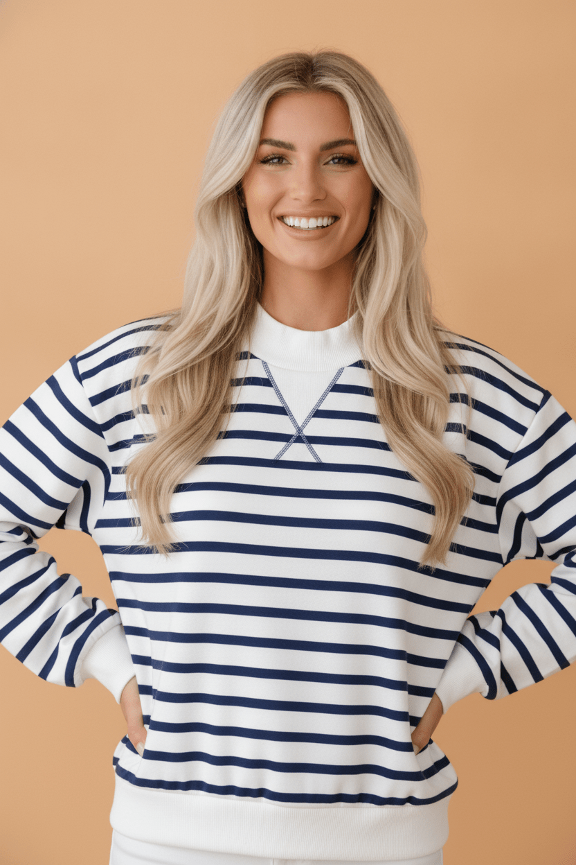 Stripe Ribbed Trim Stand Neck Long Sleeve Sweatshirt - Rooted & Reckless Co.