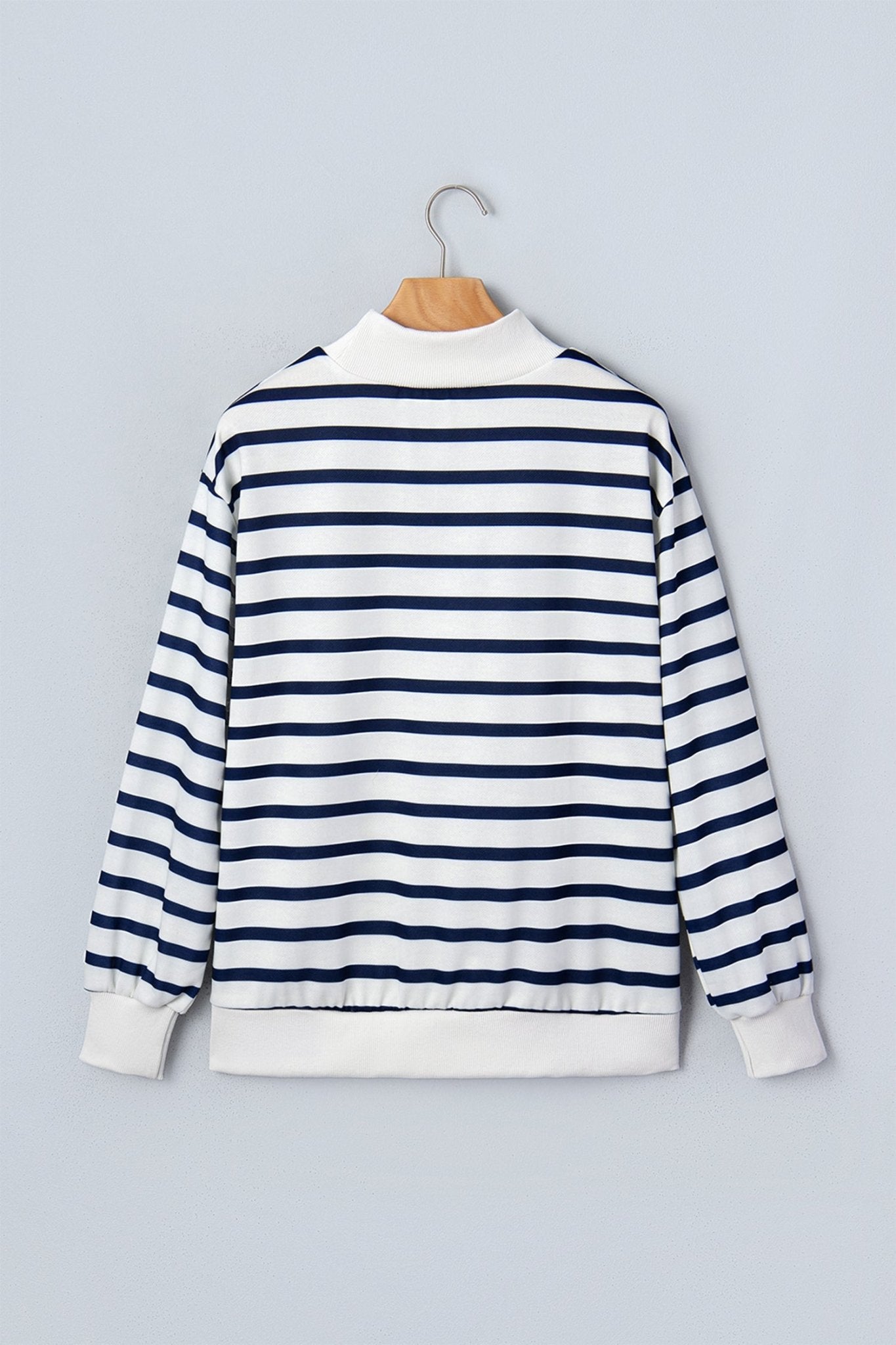Stripe Ribbed Trim Stand Neck Long Sleeve Sweatshirt - Rooted & Reckless Co.