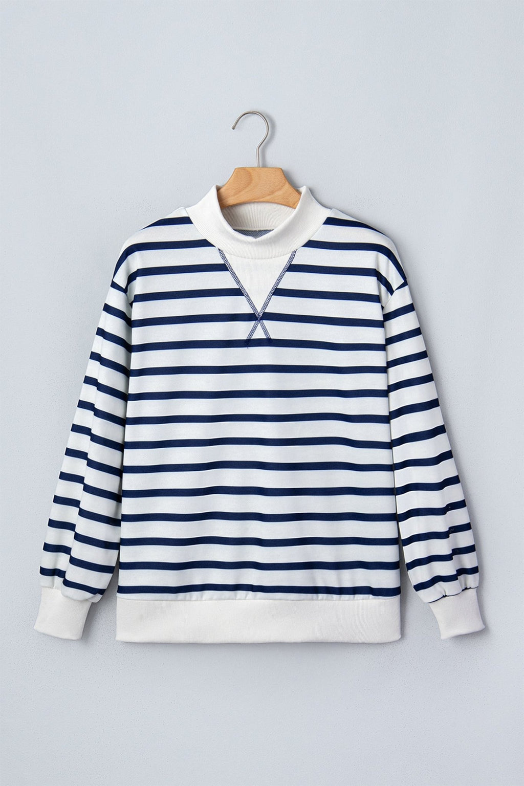 Stripe Ribbed Trim Stand Neck Long Sleeve Sweatshirt - Rooted & Reckless Co.