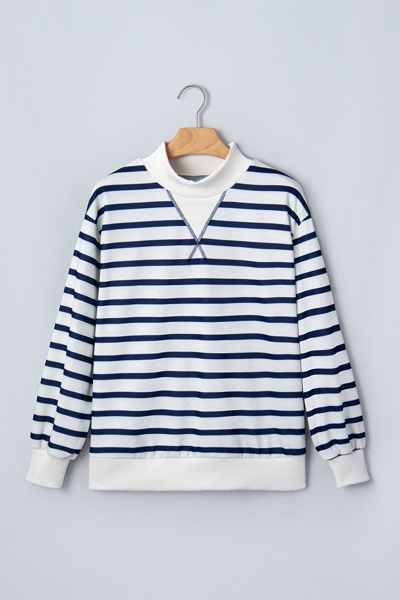 Stripe Ribbed Trim Stand Neck Long Sleeve Sweatshirt - Rooted & Reckless Co.