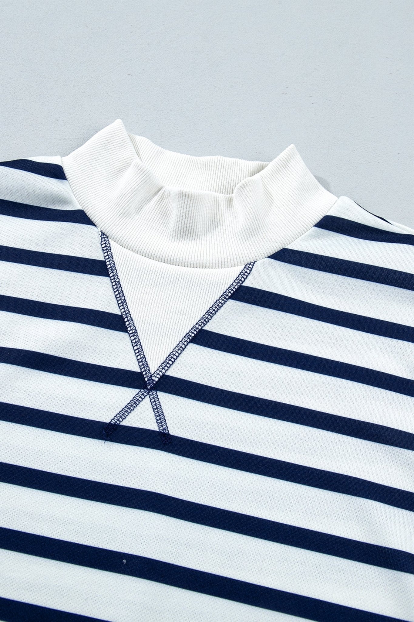 Stripe Ribbed Trim Stand Neck Long Sleeve Sweatshirt - Rooted & Reckless Co.