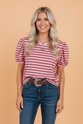 Stripe Ribbed Trim V-Neck Puff Sleeve Top - Rooted & Reckless Co.