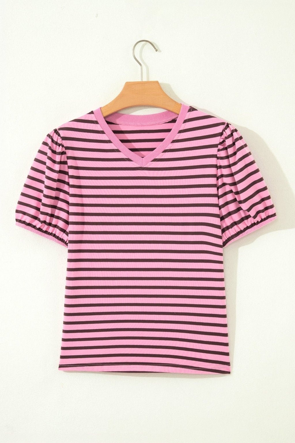 Stripe Ribbed Trim V-Neck Puff Sleeve Top - Rooted & Reckless Co.