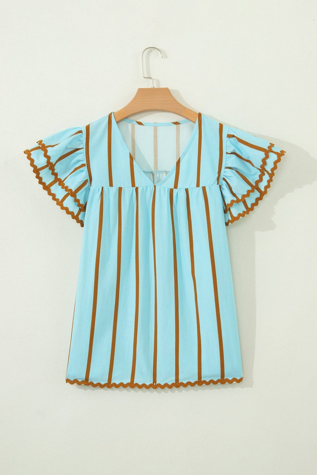 Stripe Ricrac Trim Double Ruffle Short Sleeve Blouse - Rooted & Reckless Co.