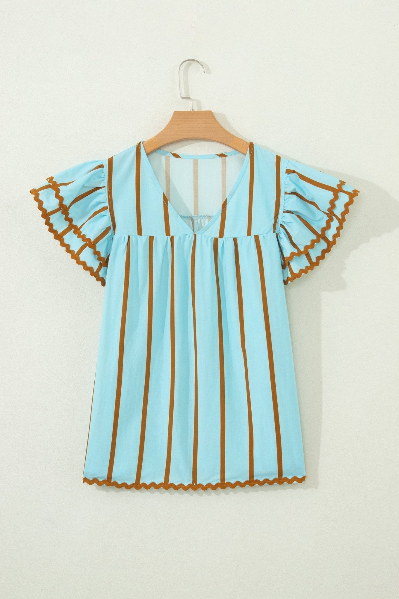 Stripe Ricrac Trim Double Ruffle Short Sleeve Blouse - Rooted & Reckless Co.