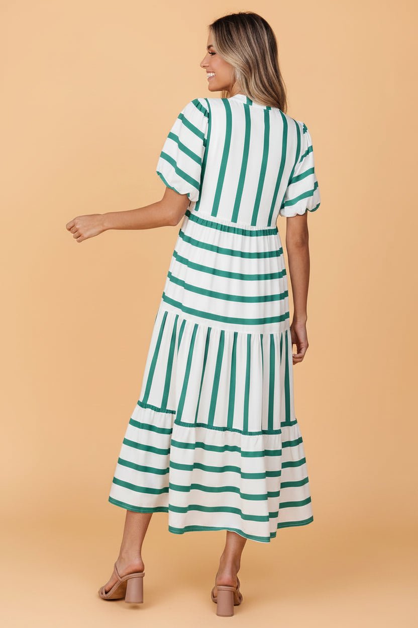 Stripe Ricrac Trim Notched Neck Midi Dress - Rooted & Reckless Co.