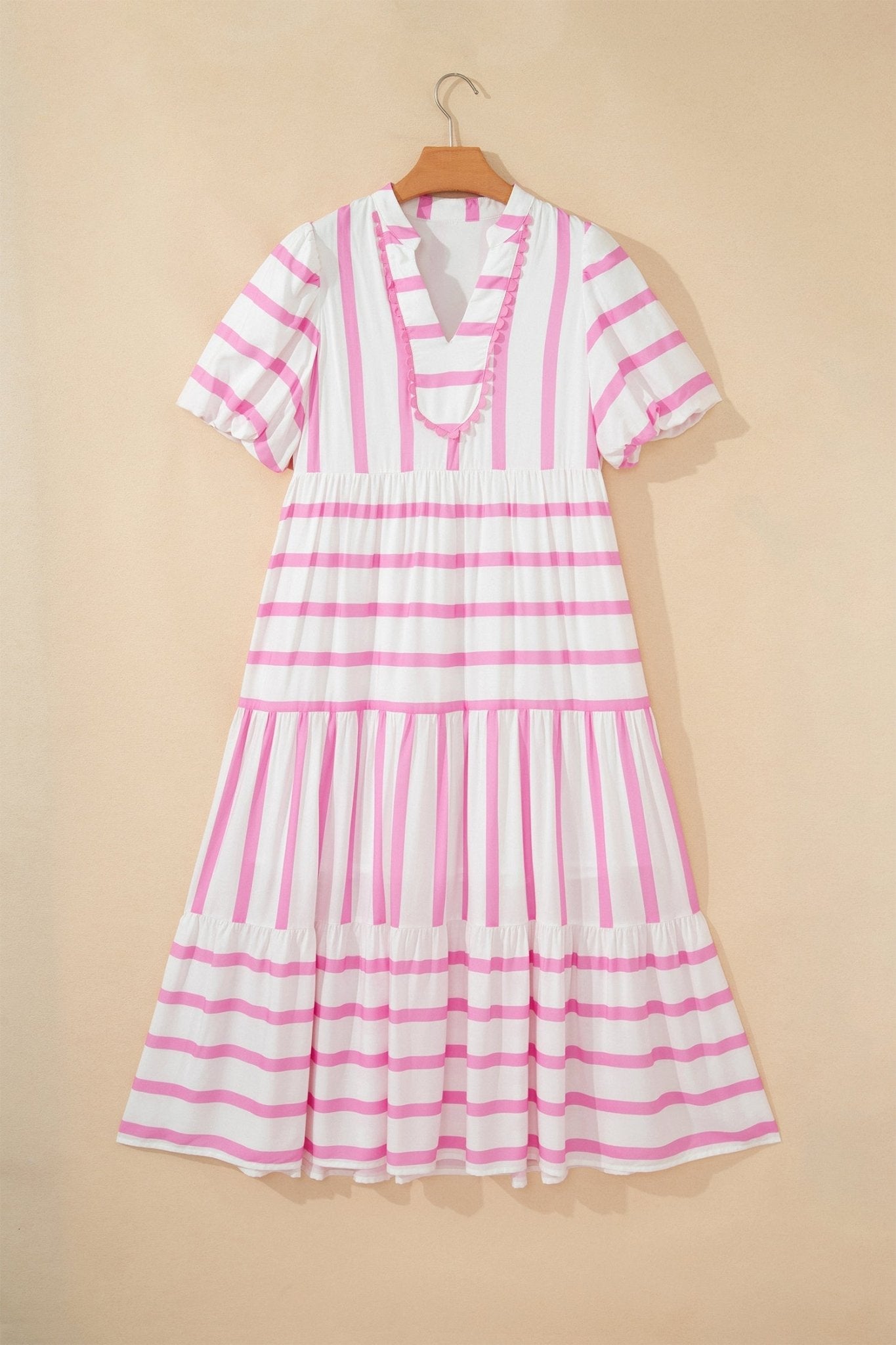 Stripe Ricrac Trim Notched Neck Midi Dress - Rooted & Reckless Co.