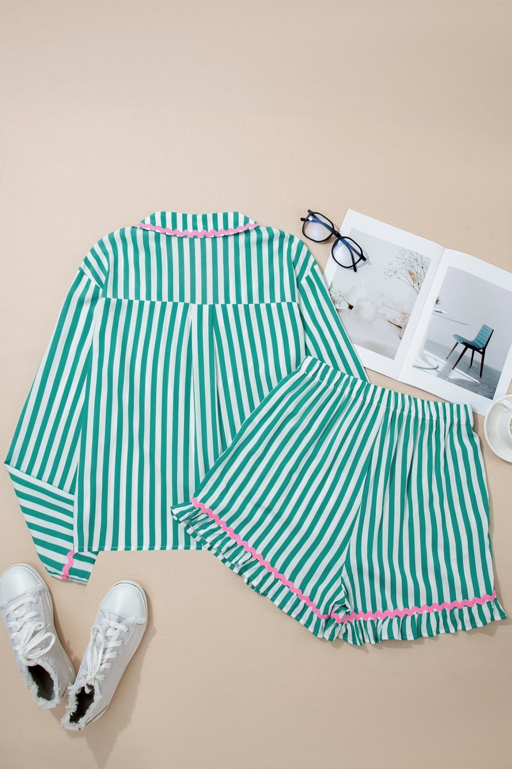 Stripe Ricrac Trim Shirt & Drawstring Shorts Set - Rooted & Reckless Co.