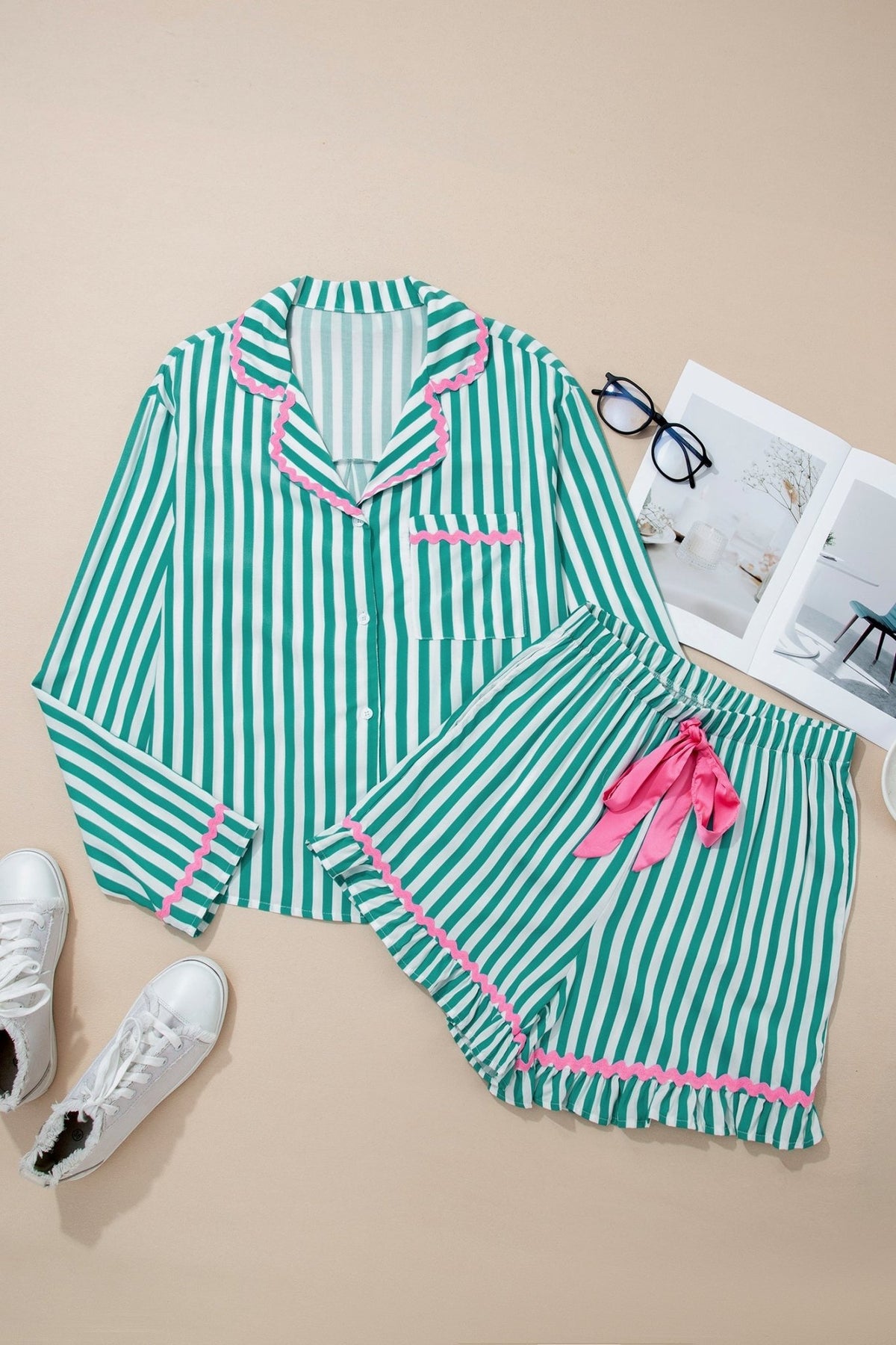 Stripe Ricrac Trim Shirt & Drawstring Shorts Set - Rooted & Reckless Co.