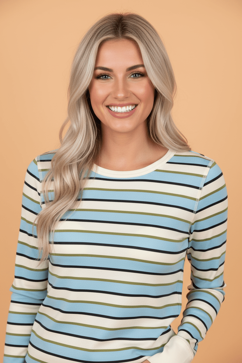 Stripe Round Neck Ribbed Knit Long Sleeve Top - Rooted & Reckless Co.
