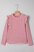 Stripe Round Neck Ruffle Trim Long Sleeve Top - Rooted & Reckless Co.