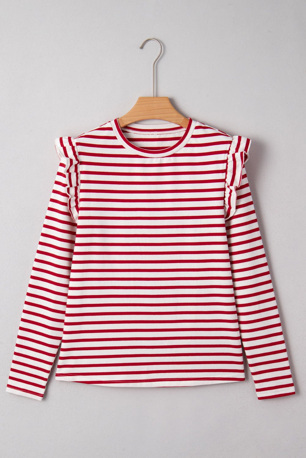 Stripe Round Neck Ruffle Trim Long Sleeve Top - Rooted & Reckless Co.