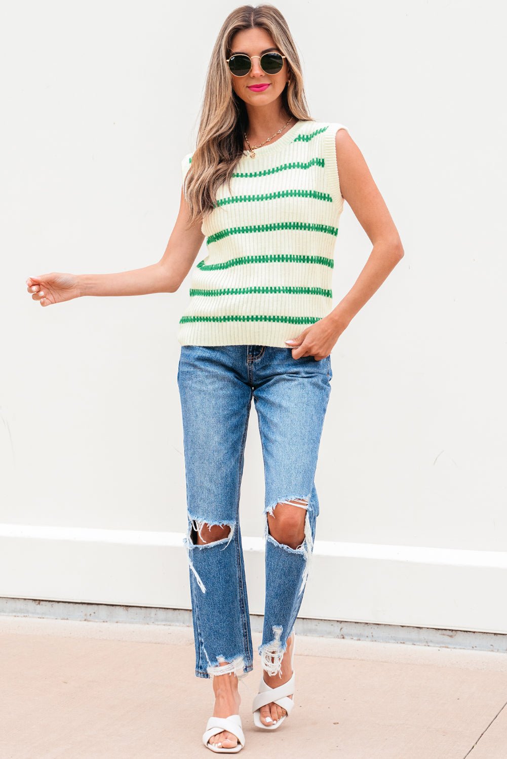 Stripe Round Neck Sleeveless Sweater Top - Rooted & Reckless Co.