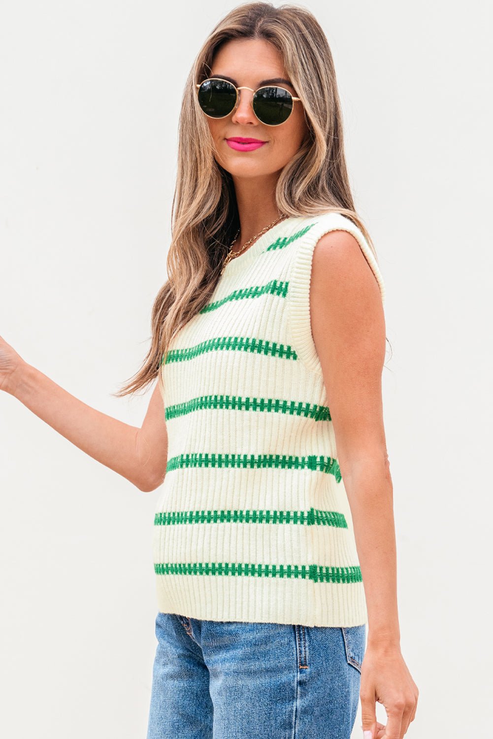 Stripe Round Neck Sleeveless Sweater Top - Rooted & Reckless Co.