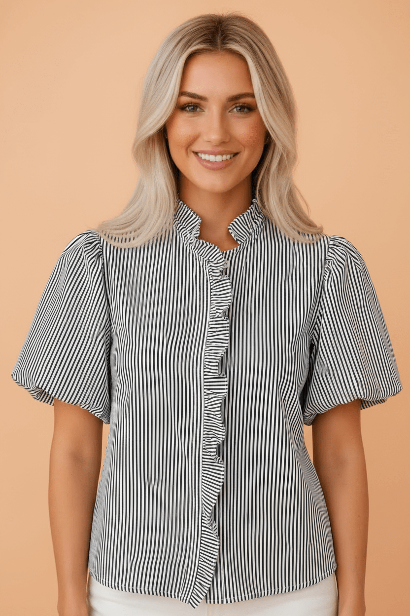 Stripe Ruffle Bubble Sleeve Shirt - Rooted & Reckless Co.
