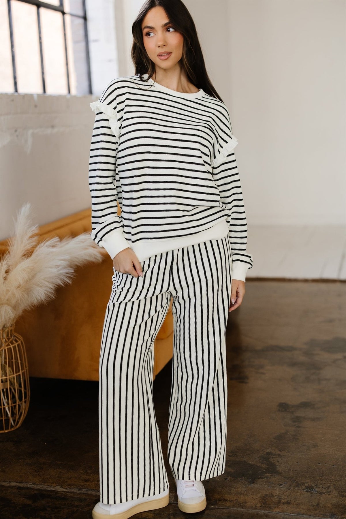 Stripe Ruffle Drop Shoulder Top and Pants Set - Rooted & Reckless Co.