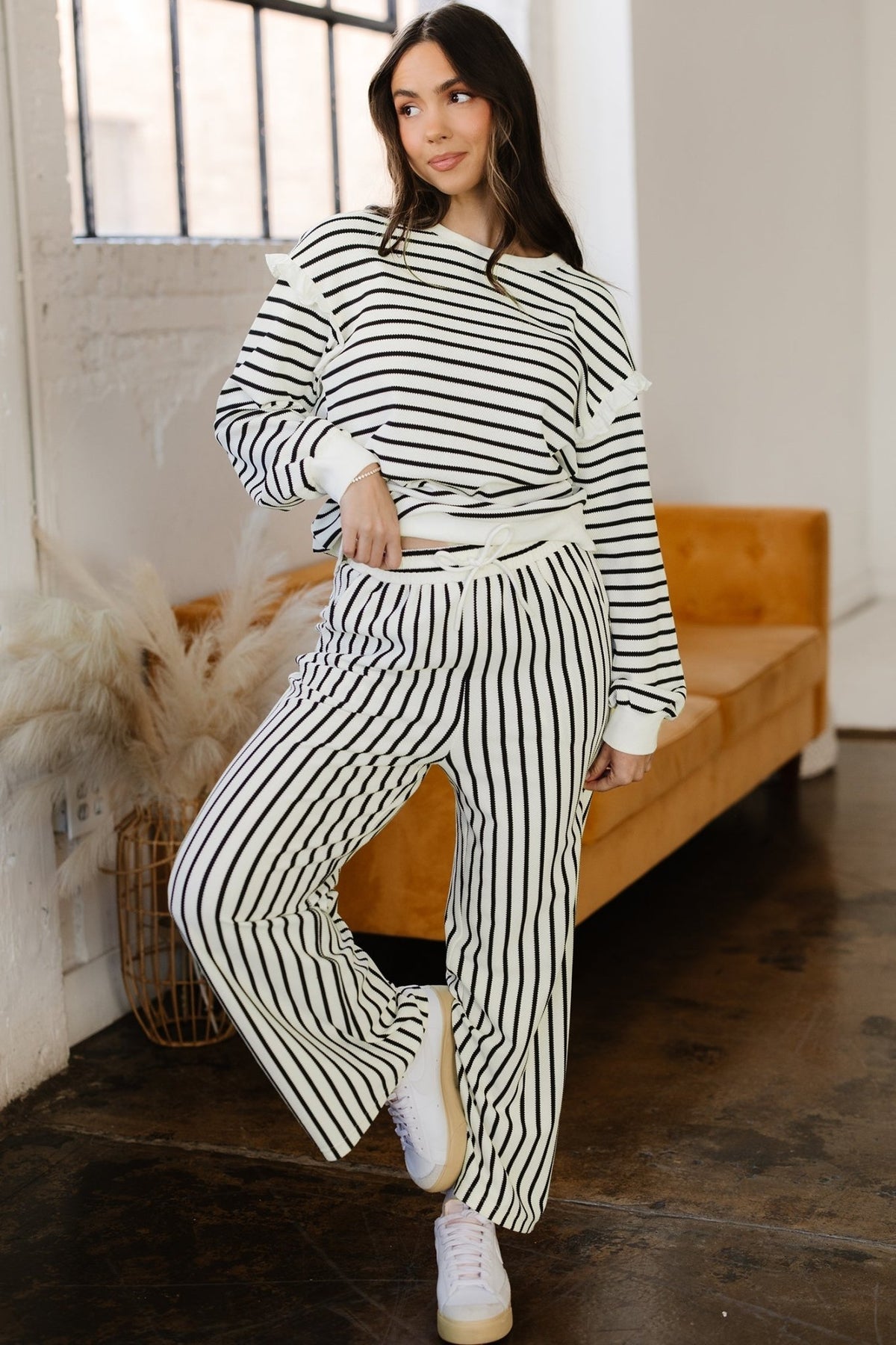 Stripe Ruffle Drop Shoulder Top and Pants Set - Rooted & Reckless Co.