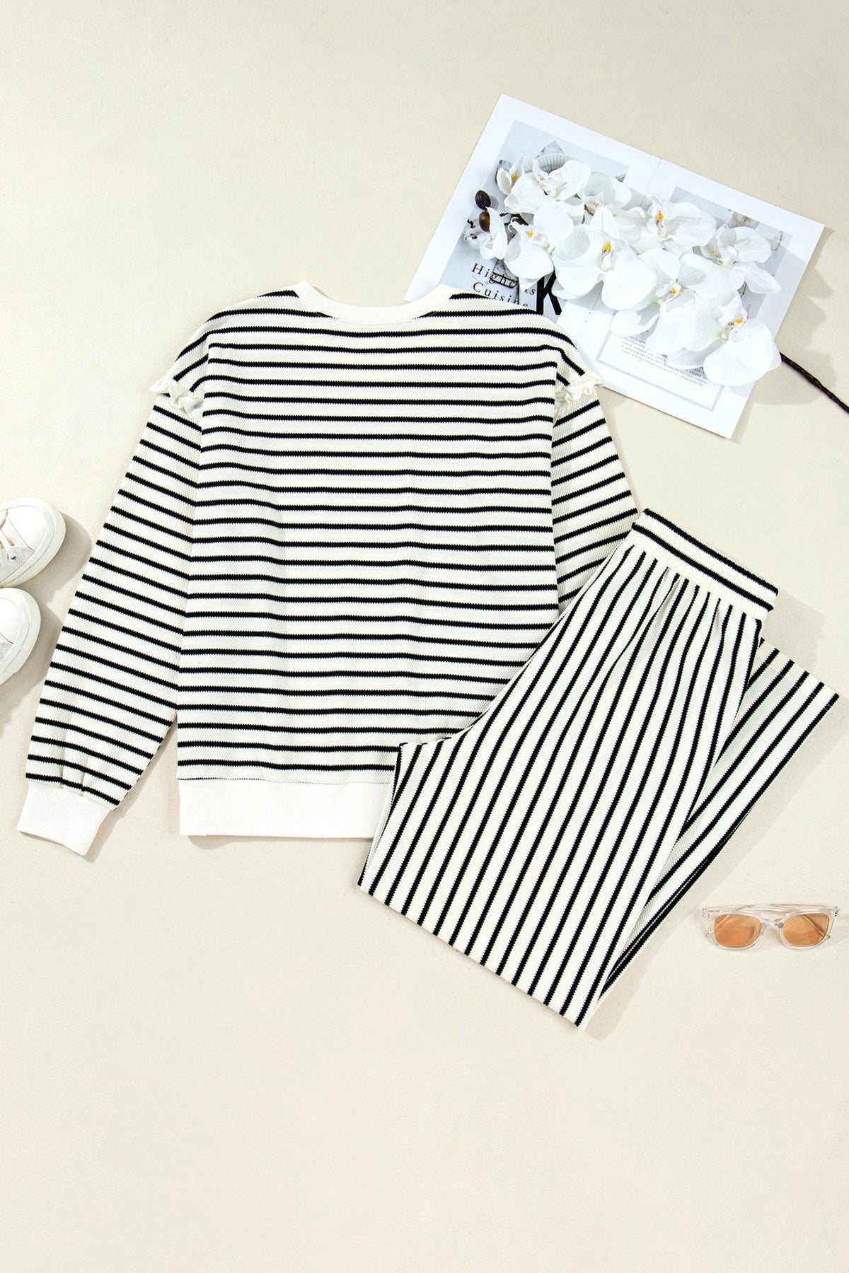 Stripe Ruffle Drop Shoulder Top and Pants Set - Rooted & Reckless Co.