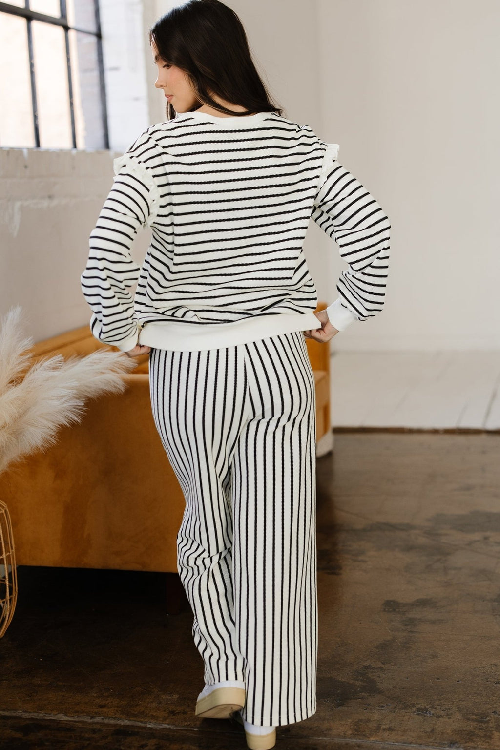 Stripe Ruffle Drop Shoulder Top and Pants Set - Rooted & Reckless Co.