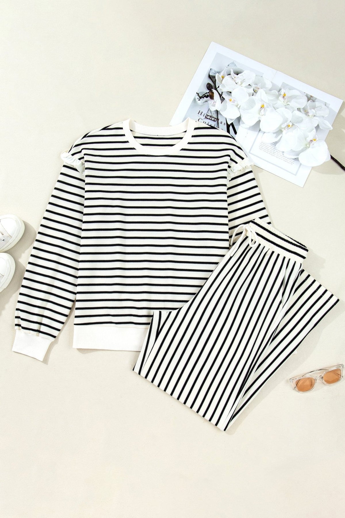 Stripe Ruffle Drop Shoulder Top and Pants Set - Rooted & Reckless Co.