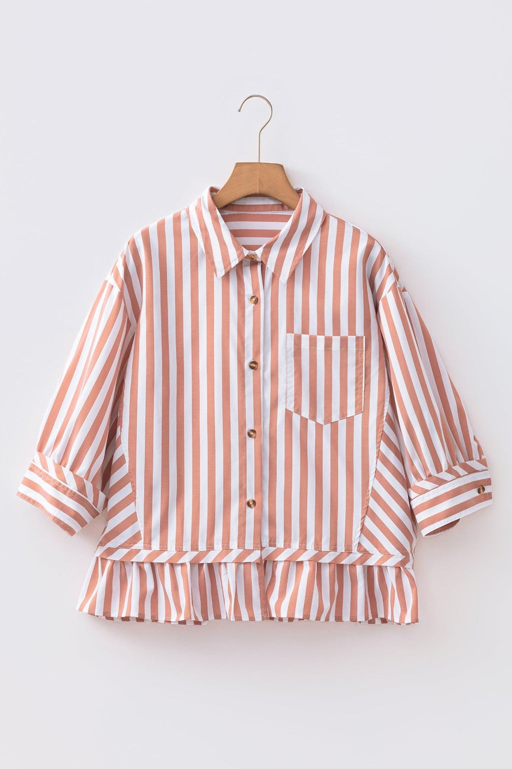 Stripe Ruffle Hem 3/4 Sleeve Buttoned Shirt - Rooted & Reckless Co.