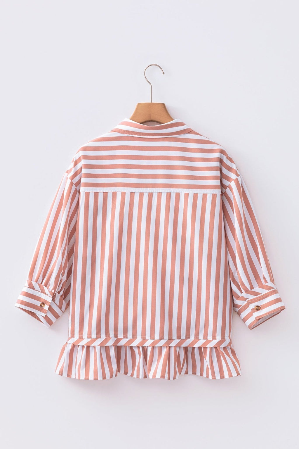 Stripe Ruffle Hem 3/4 Sleeve Buttoned Shirt - Rooted & Reckless Co.