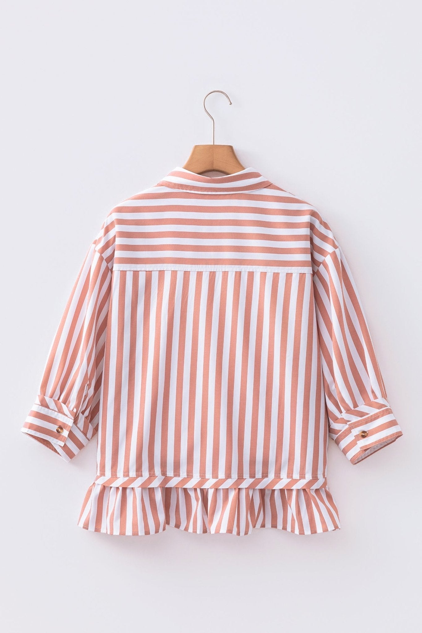 Stripe Ruffle Hem 3/4 Sleeve Buttoned Shirt - Rooted & Reckless Co.