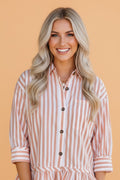 Stripe Ruffle Hem 3/4 Sleeve Buttoned Shirt - Rooted & Reckless Co.