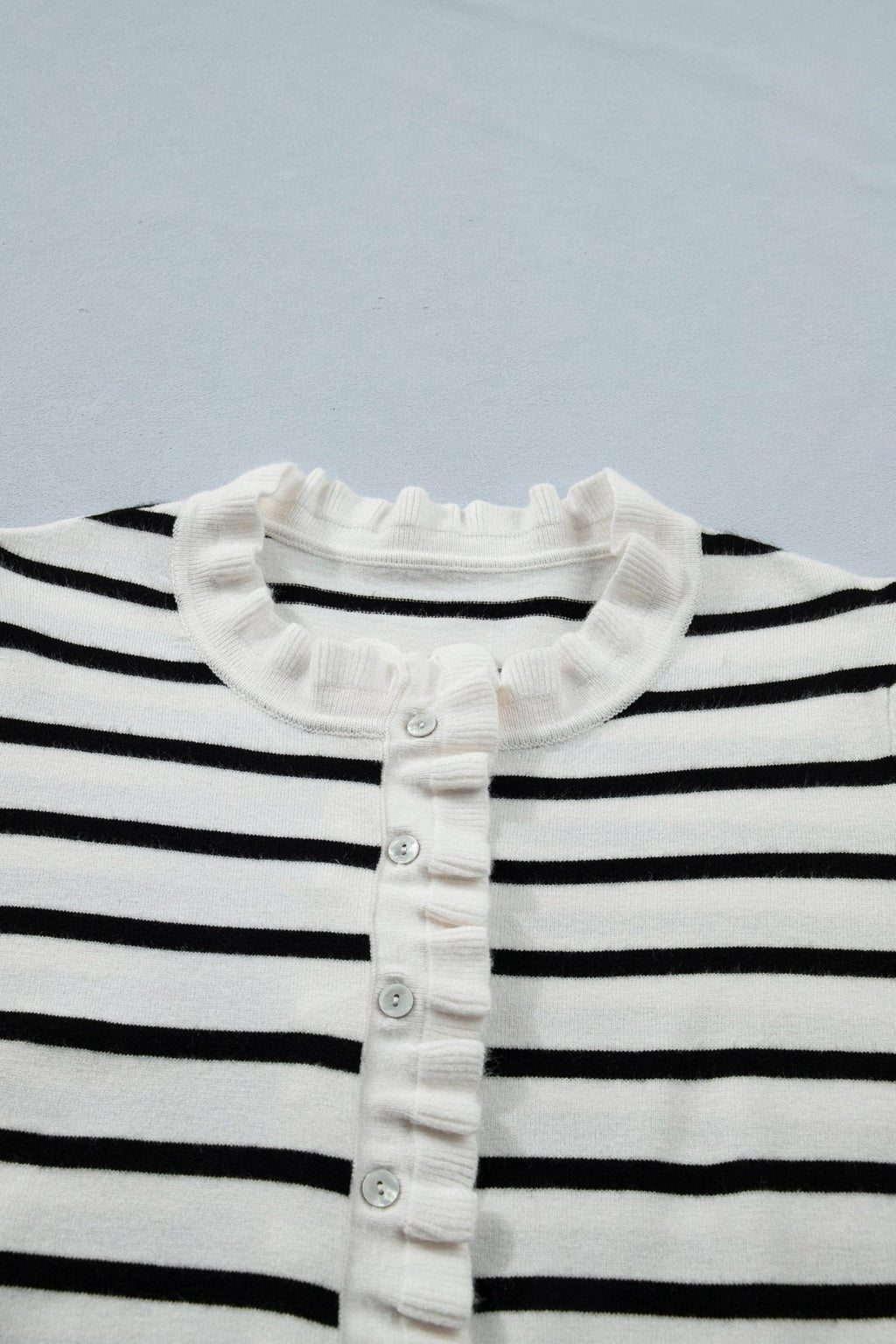 Stripe Ruffle Knit Short Sleeve Buttoned Cardigan - Rooted & Reckless Co.