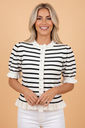 Stripe Ruffle Knit Short Sleeve Buttoned Cardigan - Rooted & Reckless Co.