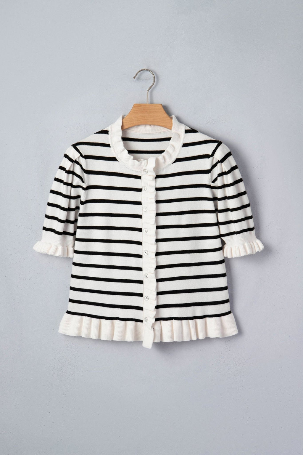Stripe Ruffle Knit Short Sleeve Buttoned Cardigan - Rooted & Reckless Co.