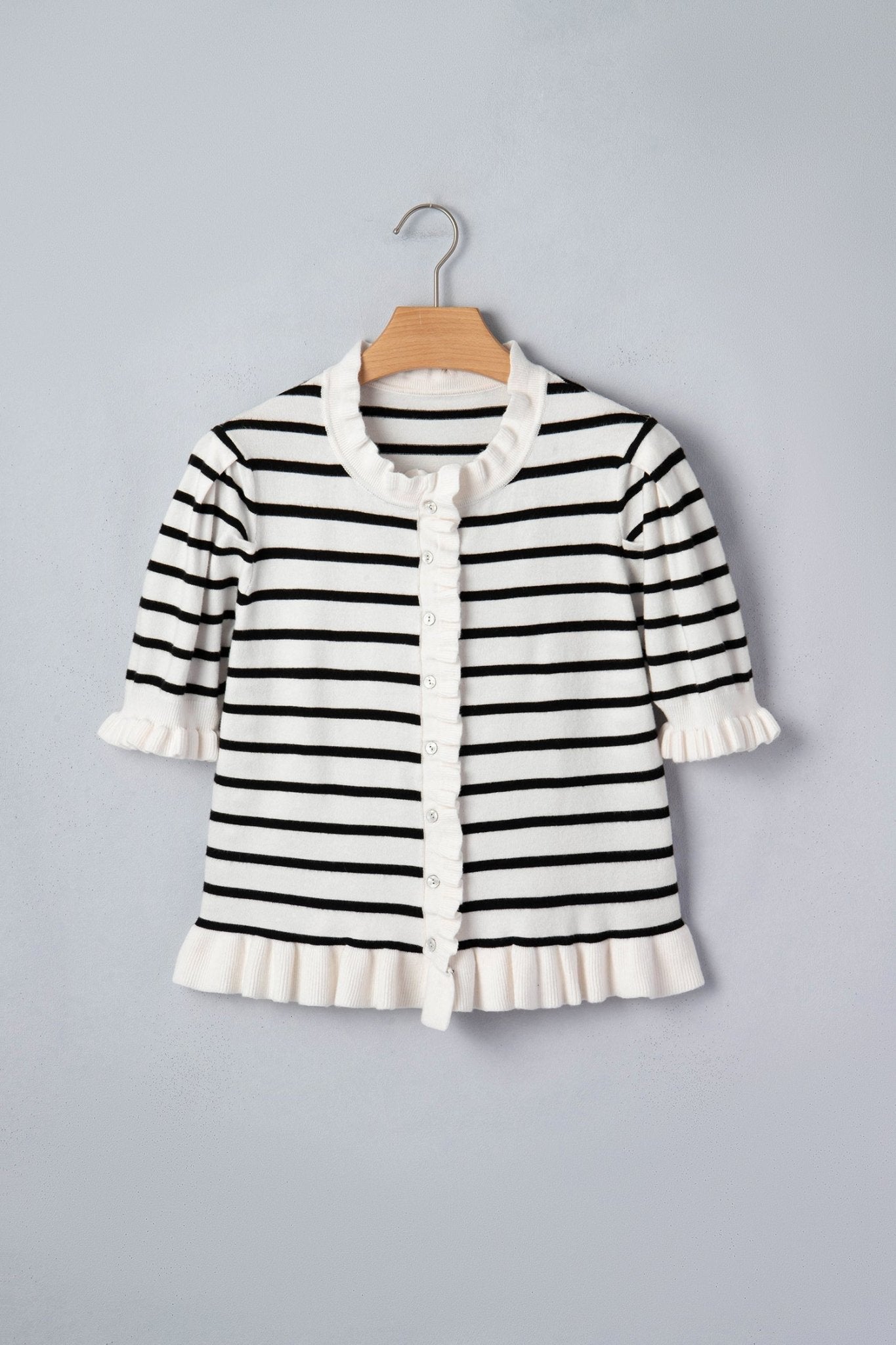Stripe Ruffle Knit Short Sleeve Buttoned Cardigan - Rooted & Reckless Co.