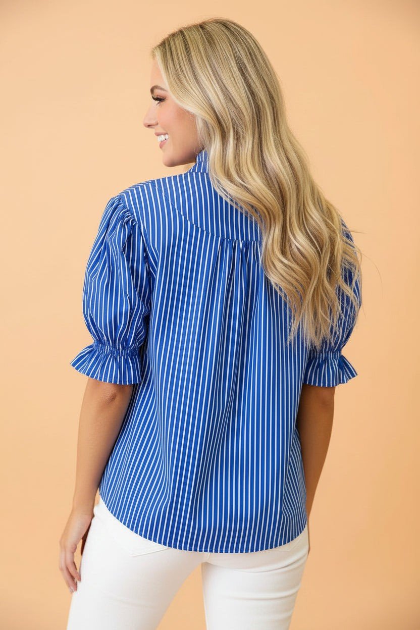 Stripe Ruffle Puff Sleeve Button Front Blouse - Rooted & Reckless Co.