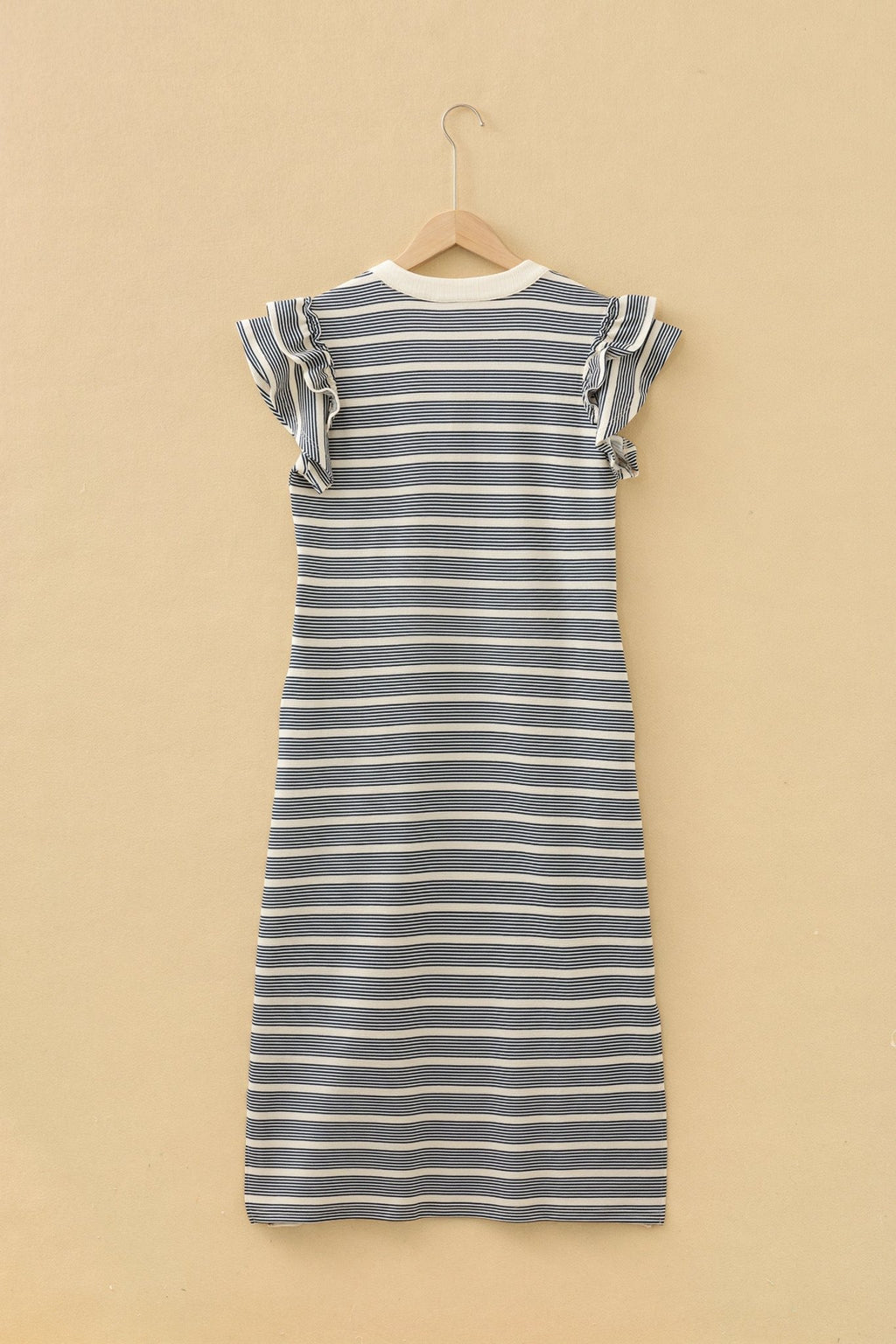 Stripe Ruffle Short Sleeve Contrast Trim Midi Dress - Rooted & Reckless Co.